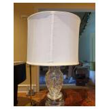 Gorgeous Crystal Clear Industries crystal lamp with etched florals, diamond design, white drum shade and crystal prism finial - 22” tall