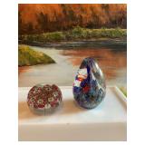 Set of 2 paperweights…￼ vintage aquarium egg paperweight is 4 1/2 inches tall. The vintage Millefiori is 3” x 2 1/2”