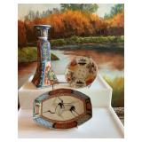 5 inch Amari plate, Japanese 6 1/2 inch dish with cranes in flight and a 8 1/2 inch Imari candle stick