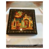 Large Mstera Russian lacquer box- needle worker signed. 6 1/2“ x 6 3/4”