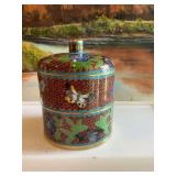 3 piece vintage Chinese Cloisonne floral lidded jar