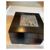 Vintage black metal and pewter Metzke box. 6 x 6 3/4”,1975 and an enameled lid and a blue and white vintage 3 inch vase