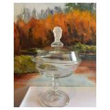 9 1/2 inch Duncan Miller Three Faces covered compote