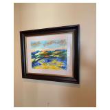 24 1/2“ x 20 1/2“ watercolor of field with sheep in yellows and blues, signed by Fisher