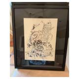 15“ x 18“ black framed and matted geometric abstract art, woodcut. ￼Russian artist Wassily Kandinsky Title is Woodcut for Klange 4