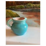 Early Pisgah Forest Pottery 3 inch creamer turquoise blue with pink interior 1948