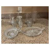Assortment of bottles and vases with a Fostoria cubist divided relish dish and a cut glass nappy bowl
