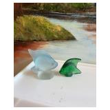 Lalique France, Green smallmouth blown Crystal fish. Signed - chip on bottom fin and a blue French Sabine art glass fish. See photos