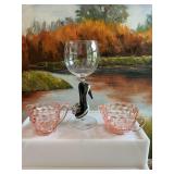 Vintage Jeanette pink depression Cubist cream and sugar bowl set with a handmade shoe wine glass