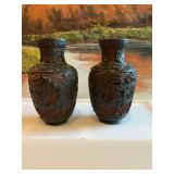 2 Chinese black carved cinnabar lacquer 5 inch vases