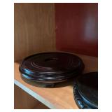 2 large wood lamp/ginger jar/vase stands. 14 inches and 10 inches round.