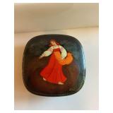 ￼ Russian enamel trinket box, hand-painted and sign