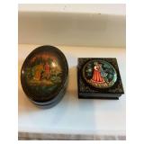 2 Black lacquer hand painted Russian trinket boxes.