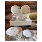 Assortment of China; 7-7 1/4 inch Haviland &Co plates with 2 cup and sausage sets with two extra saucers