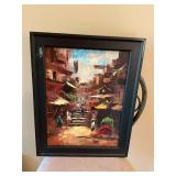 Black framed oil on canvas of oriental streets 15” x 19”. Does appear to have some residue and upper left corner on frame