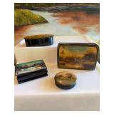 4 black enamel hand painted Russian boxes