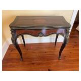 Antique Queen Anne style folding game table with Green felt. This has been damaged and repaired as shown. overall dimensions are 36 in.² by 29 inches tall 18 inches inches when closed.
