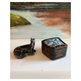 Antique blue and white porcelain lacquer wooden trinket box and a vintage bronze well loved horse figurine