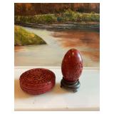 Vintage Chinese hand carved Red lacquer Cinnabar lidded trinket box and egg