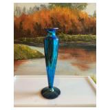 8” Iridescent Aurene blue/gold art glass vase. Signed.  see photos on base