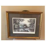 Gold framed reprint lithograph by Currier and Ives titled the Riverside 22” x 18”