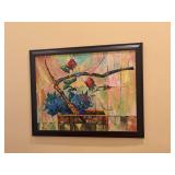 Abstract oil painting 34“ x 27“ in yellows and red. Signed Elias 1970