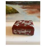4 inch vintage Chinese, red and white footed enamel Cloisonne trinket box.