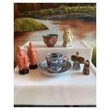 Assortment of vintage Chinese pieces. Yixing Zishan tea bowl, foo Lion, cup saucer, chess pieces and hand painted figures