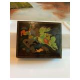 Vintage Russian Palekh  Mstera black lacquer hinged box 6” x 5”
