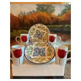 Set of 4 Teddi tulip coffee cups and 5 better Homes & Gardens Malmac plates in blue and green
