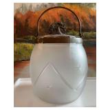 Antique frosted cut glass  biscuit barrel with Peacock finale and handle. 6” x 7”see photos