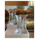 Set of two very heavy 9 inch triangular shaped vases. Some chipping on edge and corner as shown.