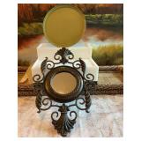 Vintage Moire Glaze Kyes enameled serving tray, Olive Green 13 inches round- missing one handle and a and a 14 inch black and gold ornate decorative mirror