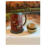 5 1/4 inch Cloisonne mug and a striped pottery inscence burner