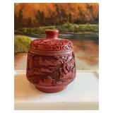 Chinese hand carved Cinnabar bowl with lid and blue lacquer enamel interior.  6” x 6 1/2”