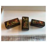 Three miniature Russian handpainted black lacquer . 2 signed