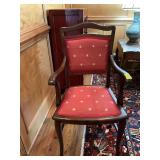 Antique chairs with rooster upholstered fabric on the seat and back 22” x 24” x 40” seat height 18 1/2 inches.  Set of 4. one does appear to be broken and taped on bottom