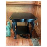 Black distressed side table with shelf 26 in.² by 25 1/2 inches