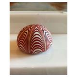 Vintage Marano glass, hollow pulled feather red and white paperweight 4 inches wide
