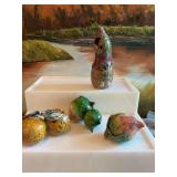 Collection of four pottery/ceramic pieces. The chinese vintage piece on top has been glued. The stems and leaves on  pottery fruit pieces has some damage. See photos.