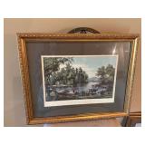 Gold framed 1962 re-printed from lithograph by Currier and Ives titled View on the Rondout. 22” x 18”