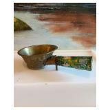 Antique brass Chinese silk iron coat pan hand-painted with enamel handle.