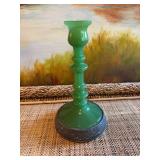 I believe this to be a 8 1/2 inch Fenton jade candlestick with metal base