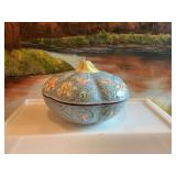 Chinese enameled brass lidded pumpkin shaped box. Blue with butterflies and flowers 7” x 4 1/2”