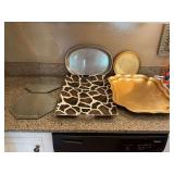 Assortment of platters and two 10”mirrored octagon displays.