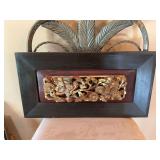 20“ x 10“ Framed vintage Chinese wood carved panel with intricate gold, bird and floral motif