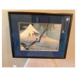 Black framed with blue mat Utagawa Hiroshige Asian dusk print. 30” x 24”.
