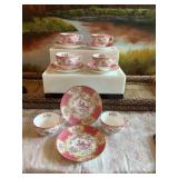 Collection of 6 Minton Pink Cockatrice bone China, cups and saucers.