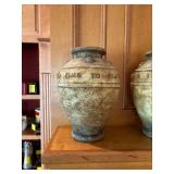 14 inch concrete candle holders in green red and gold.