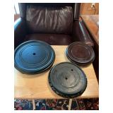 Group of three wooden lamp/vase/jar bases. 10 inches 8 1/2 inches and 7 1/2 inches.